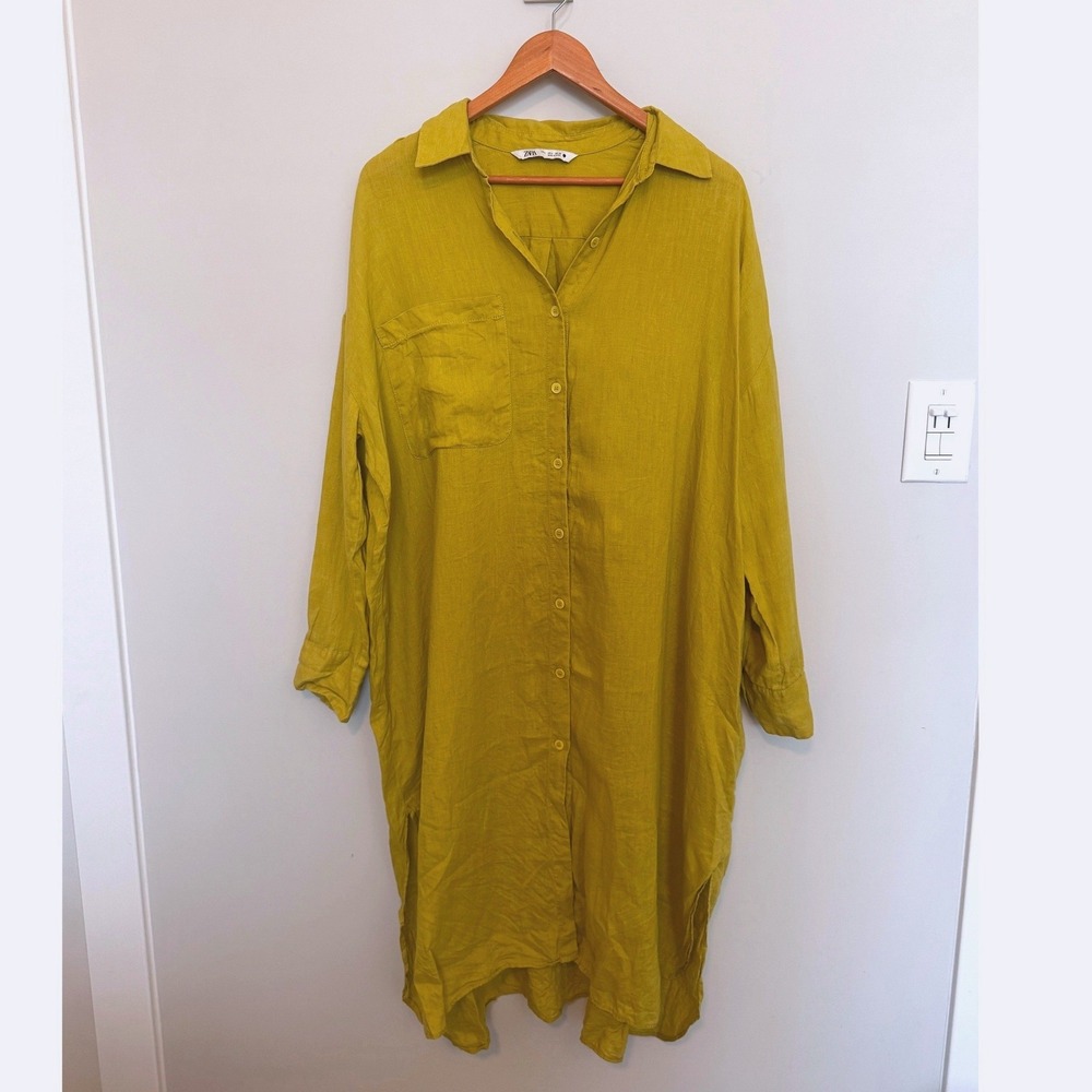 ZARA | Linen Shirt Dress Women L Chartreuse Oversized High Low Midi Lagenlook